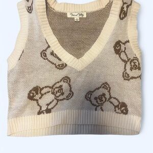 Cream Knit Vest with Brown Bear Design
